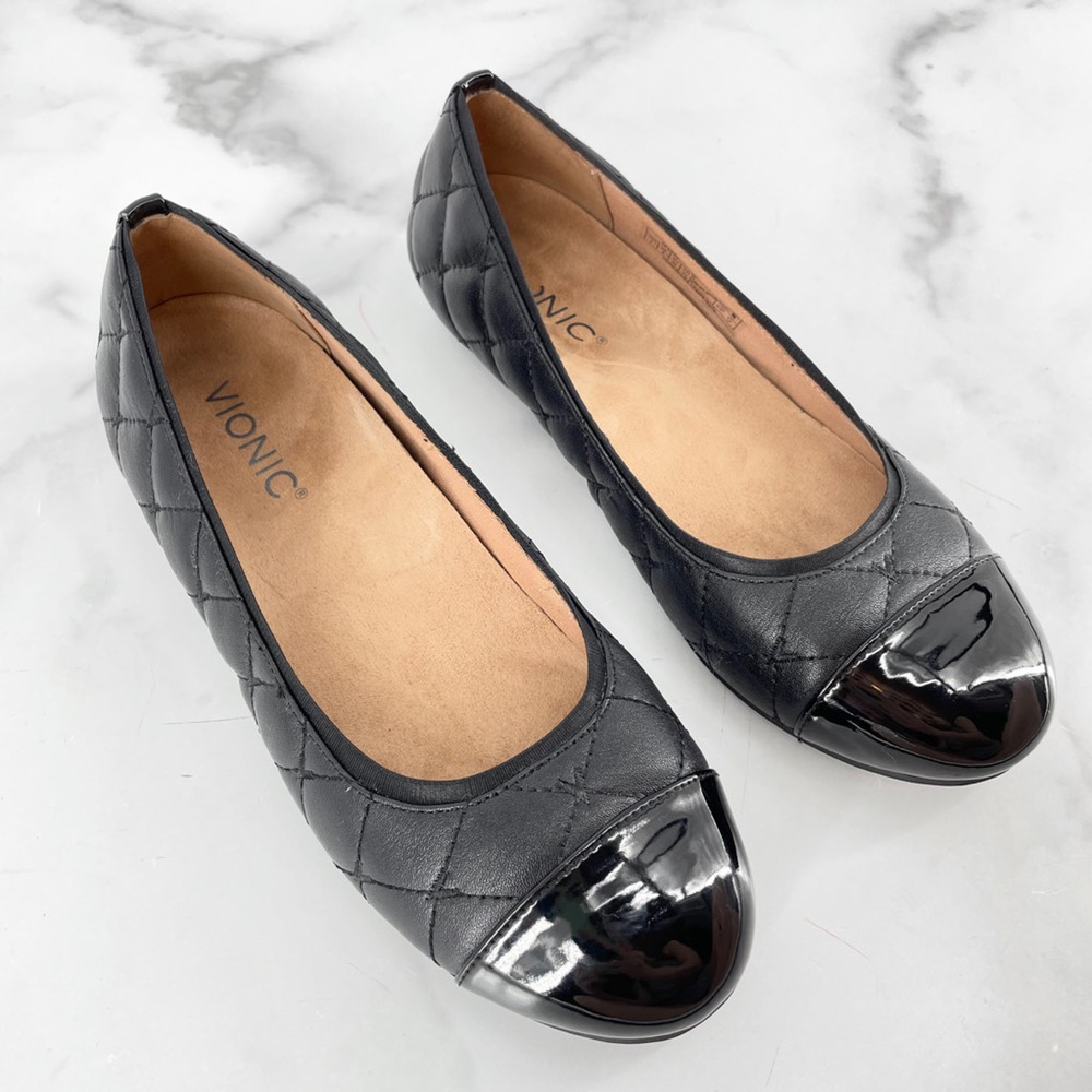Vionic Womens Desiree Ballet Flats Shoes Black Quilted Cap Toe Leather Slip On 7